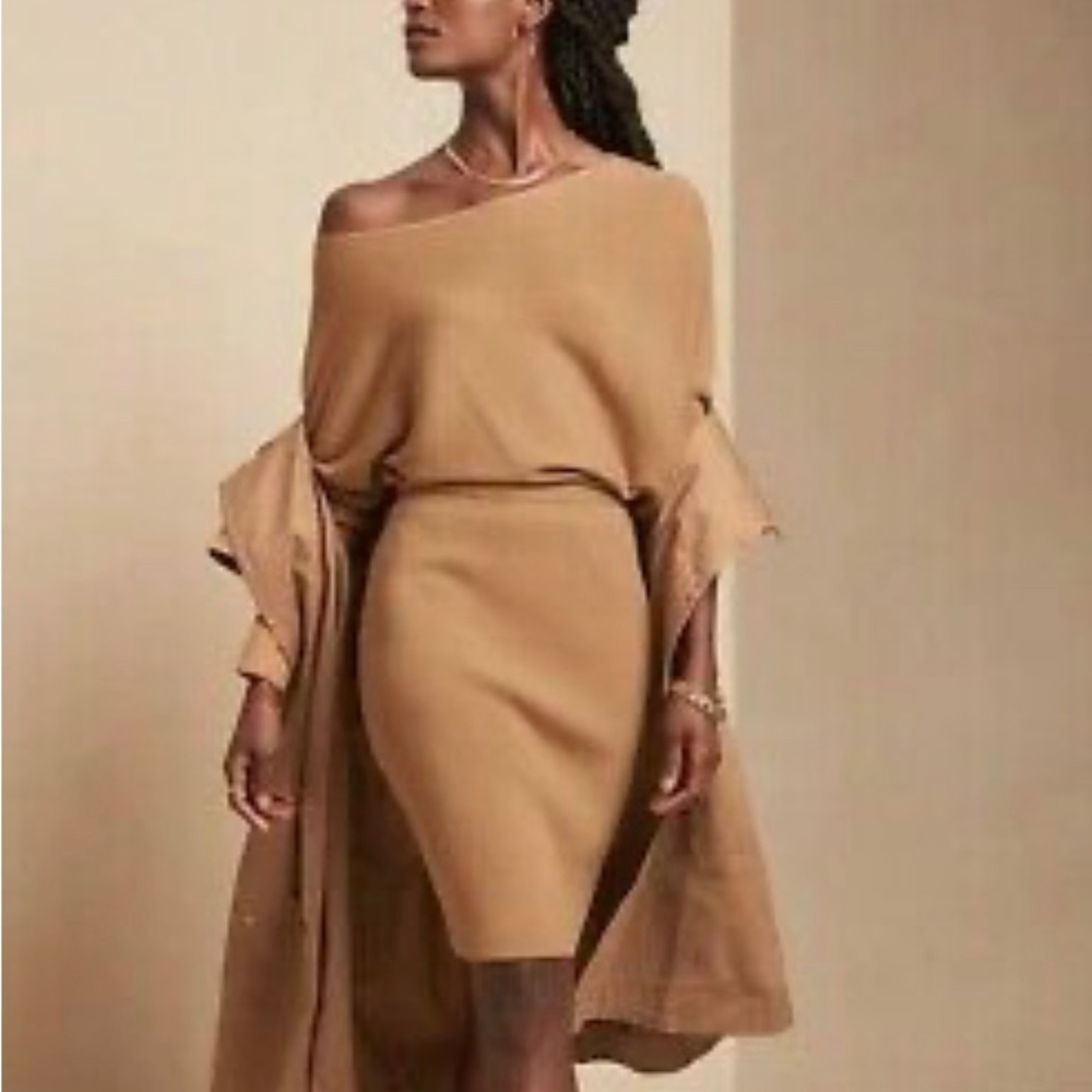 NWT: Sweater Dress, off shoulder, camel, medium